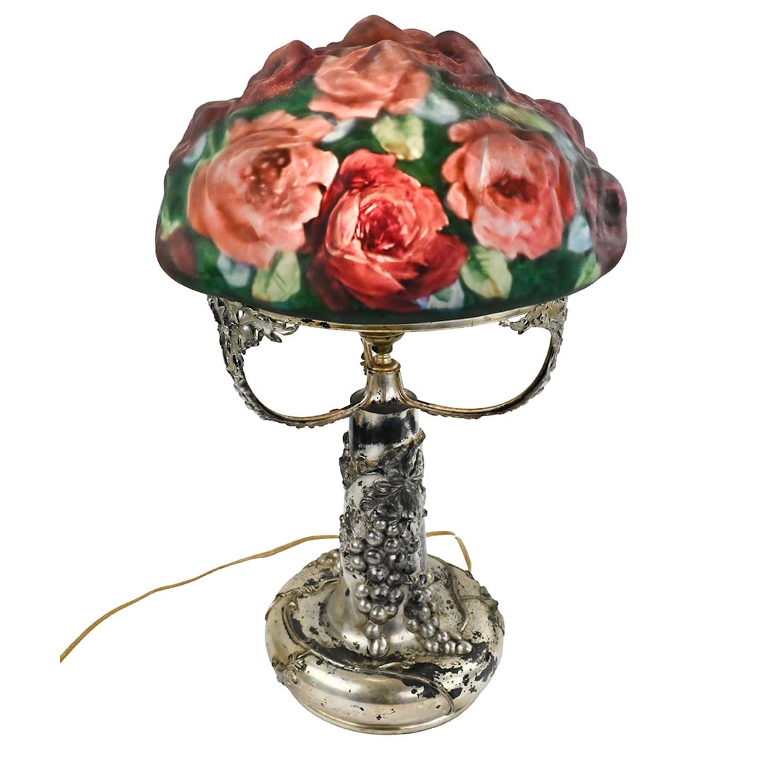 Rose Bouquet, Pairpoint Puffy Lamp on Silvered Grape Base