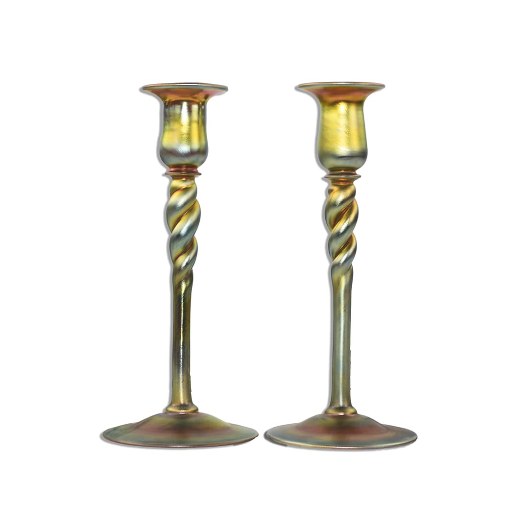 Set of (2) Steuben Gold Aurene Glass Candlesticks - Image 2