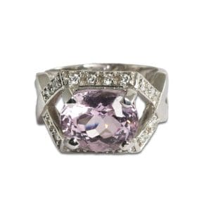 Kunzite and Diamond Ring in 18K White Gold