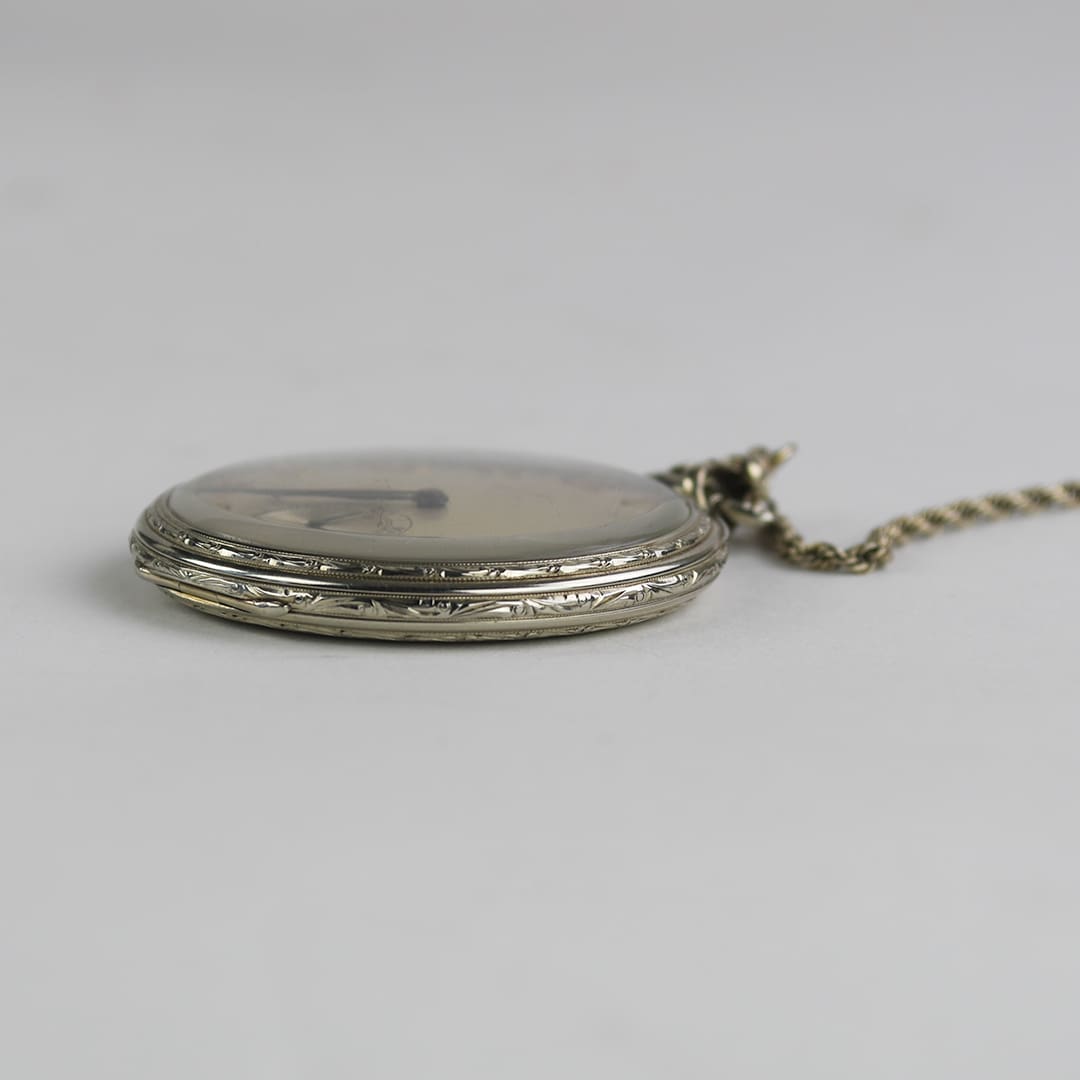 14K White Gold Waltham Pocket Watch with Chain - Image 4