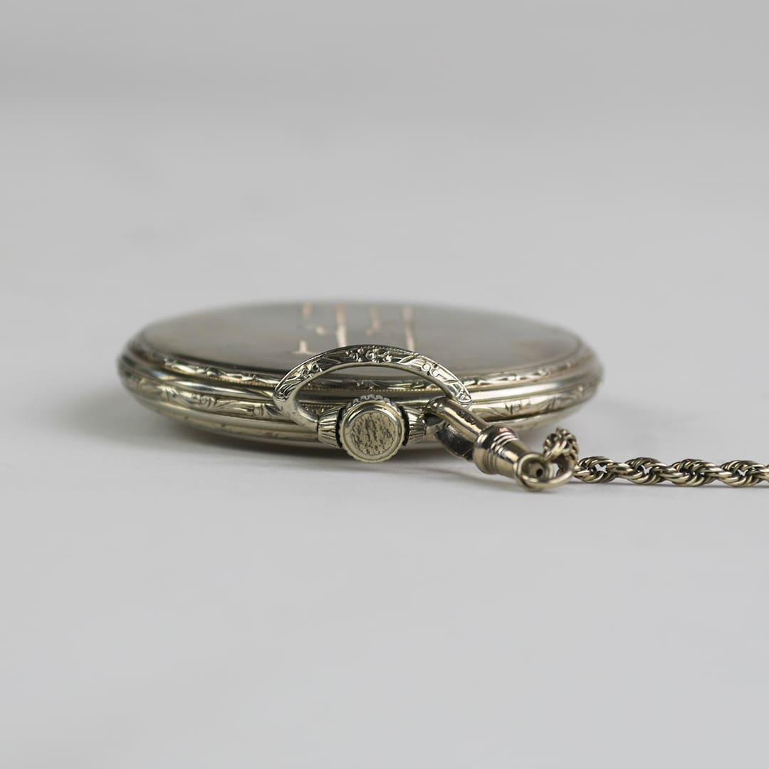 14K White Gold Waltham Pocket Watch with Chain - Image 3