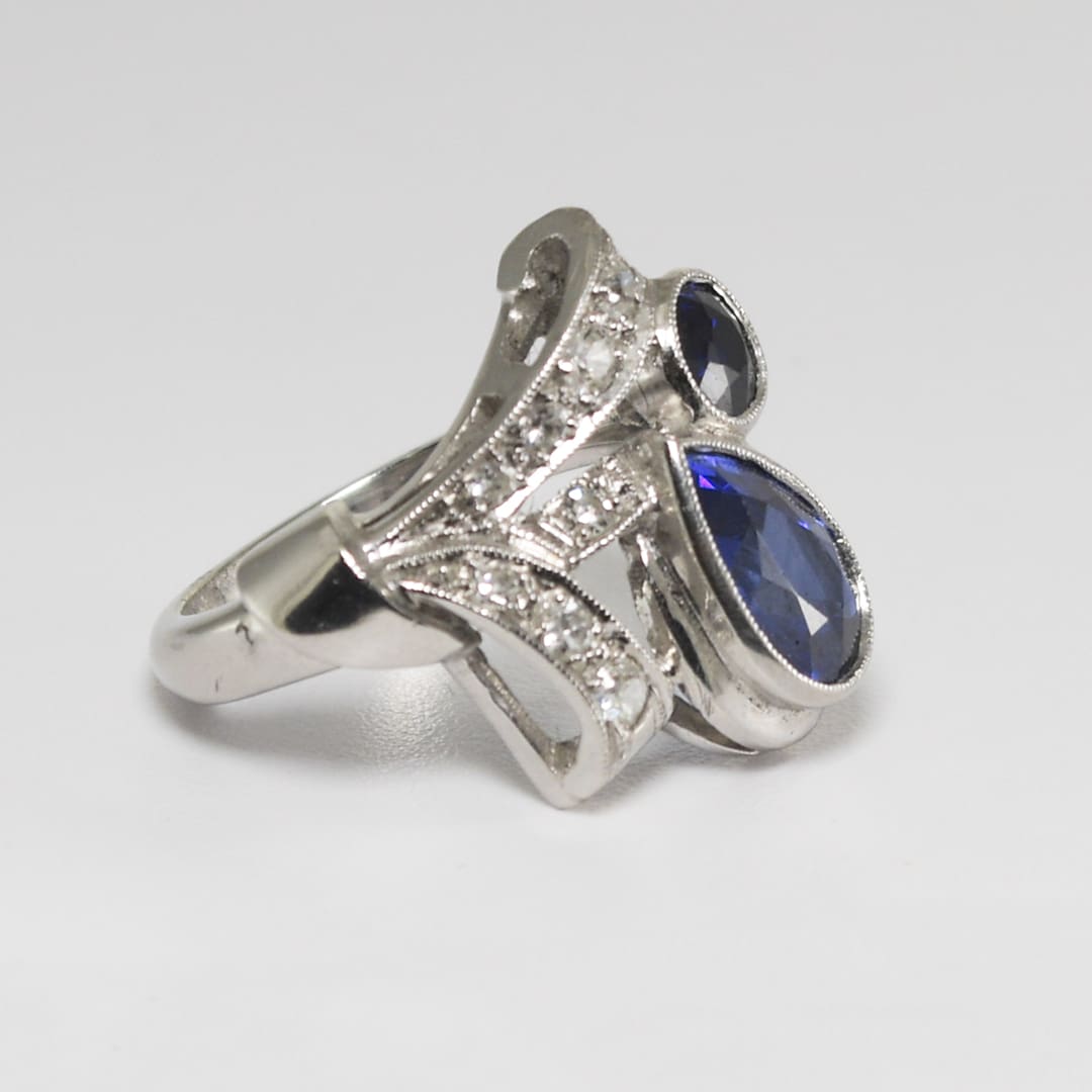Platinum Vintage Synthetic Blue Sapphire & Diamond Ring - Image 2