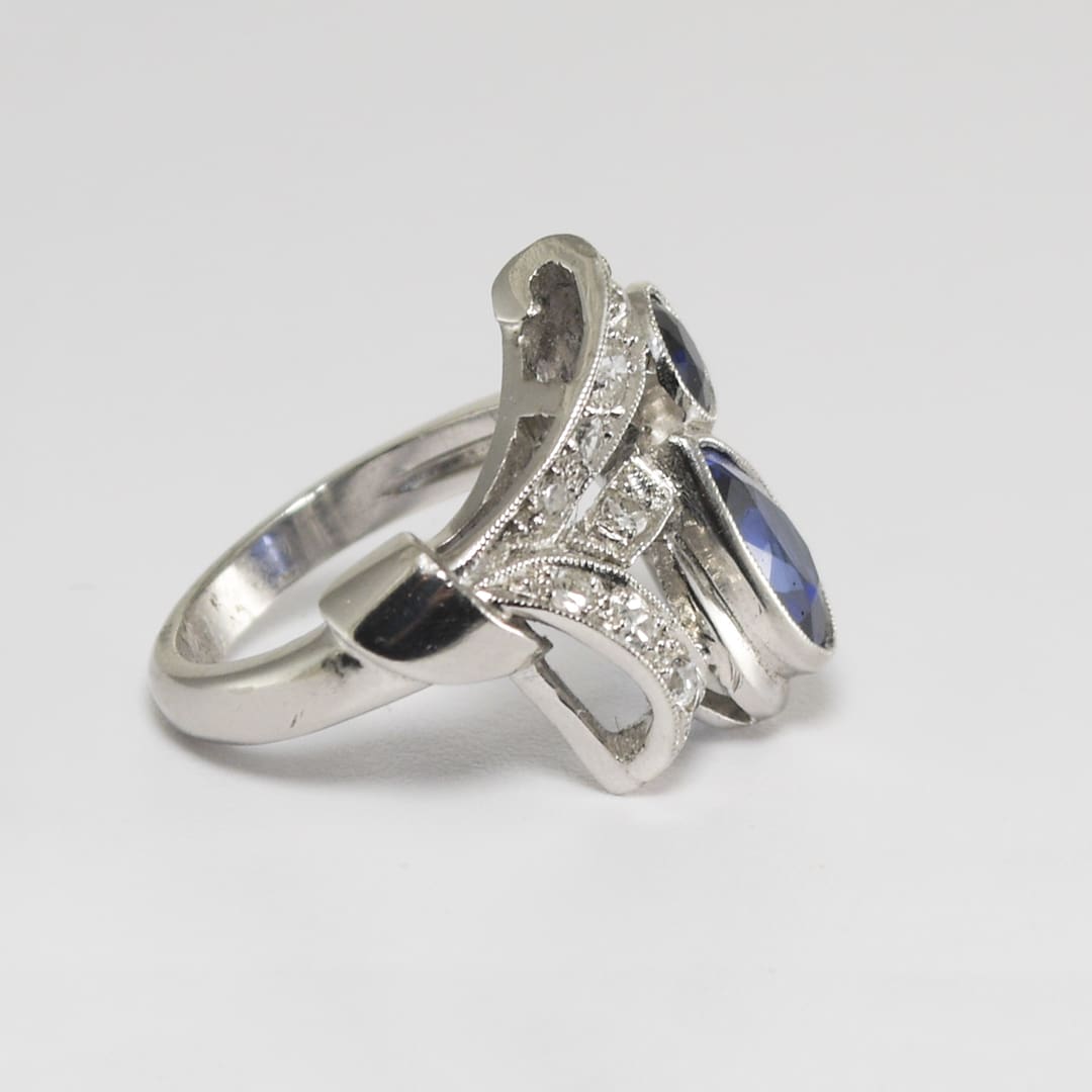 Platinum Vintage Synthetic Blue Sapphire & Diamond Ring - Image 3