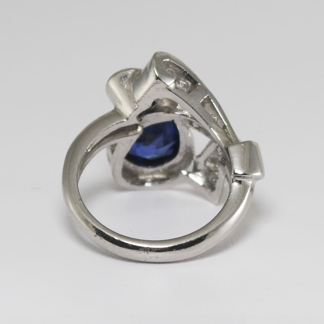 Platinum Vintage Synthetic Blue Sapphire & Diamond Ring - Image 4