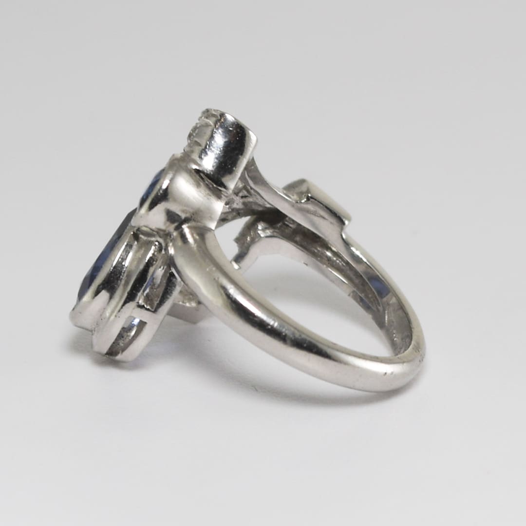 Platinum Vintage Synthetic Blue Sapphire & Diamond Ring - Image 5