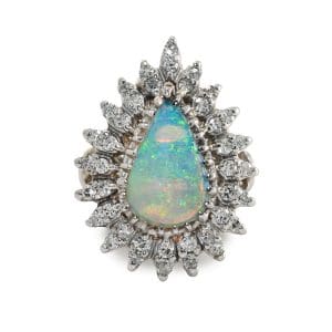 14K White Gold Vintage Opal & Diamond Ring, 8.7g, .35tdw