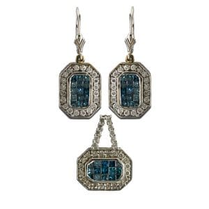 Blue and White Diamond Earrings and Pendant Set