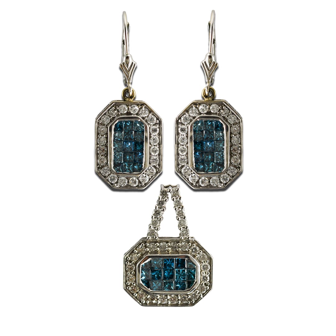 Blue and White Diamond Earrings and Pendant Set