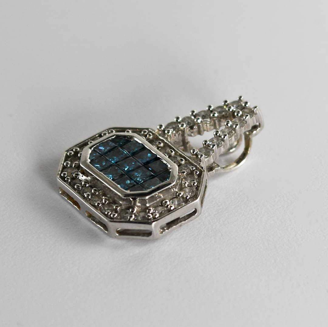 14K White Gold Blue & White Diamond Earrings & Pendant Set - Image 6