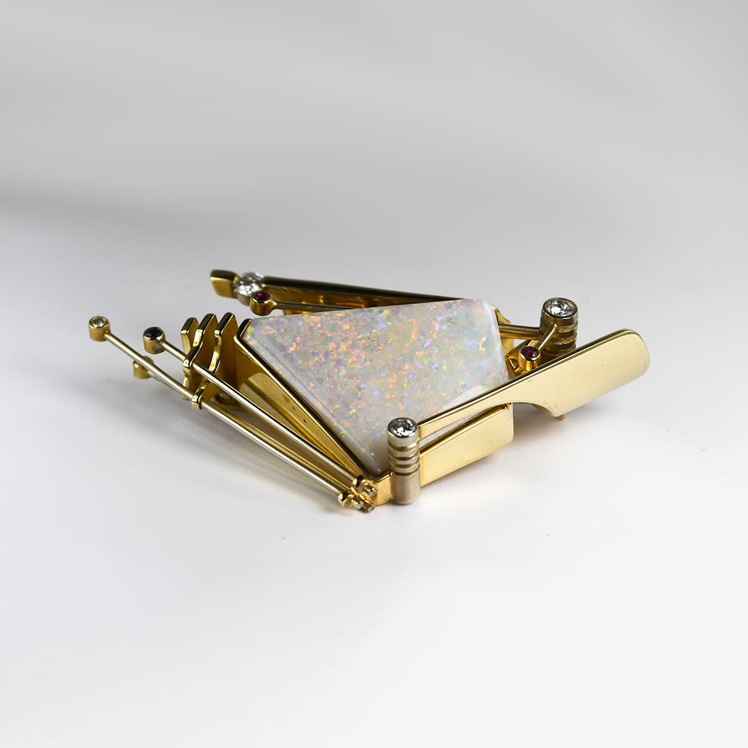 14K Yellow Gold Vintage Opal & Diamond Brooch 34g - Image 2