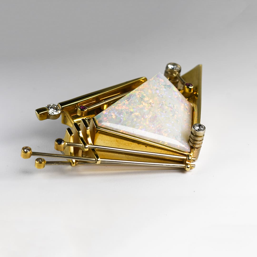 14K Yellow Gold Vintage Opal & Diamond Brooch 34g - Image 3