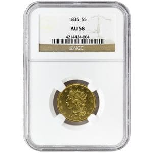 1835 $5 Classic Head Rare Coin, NGC AU58
