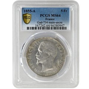 1855-A 5 Fr PCGS MS64, FRANCE Main-ancre Tete nue, foreign coin