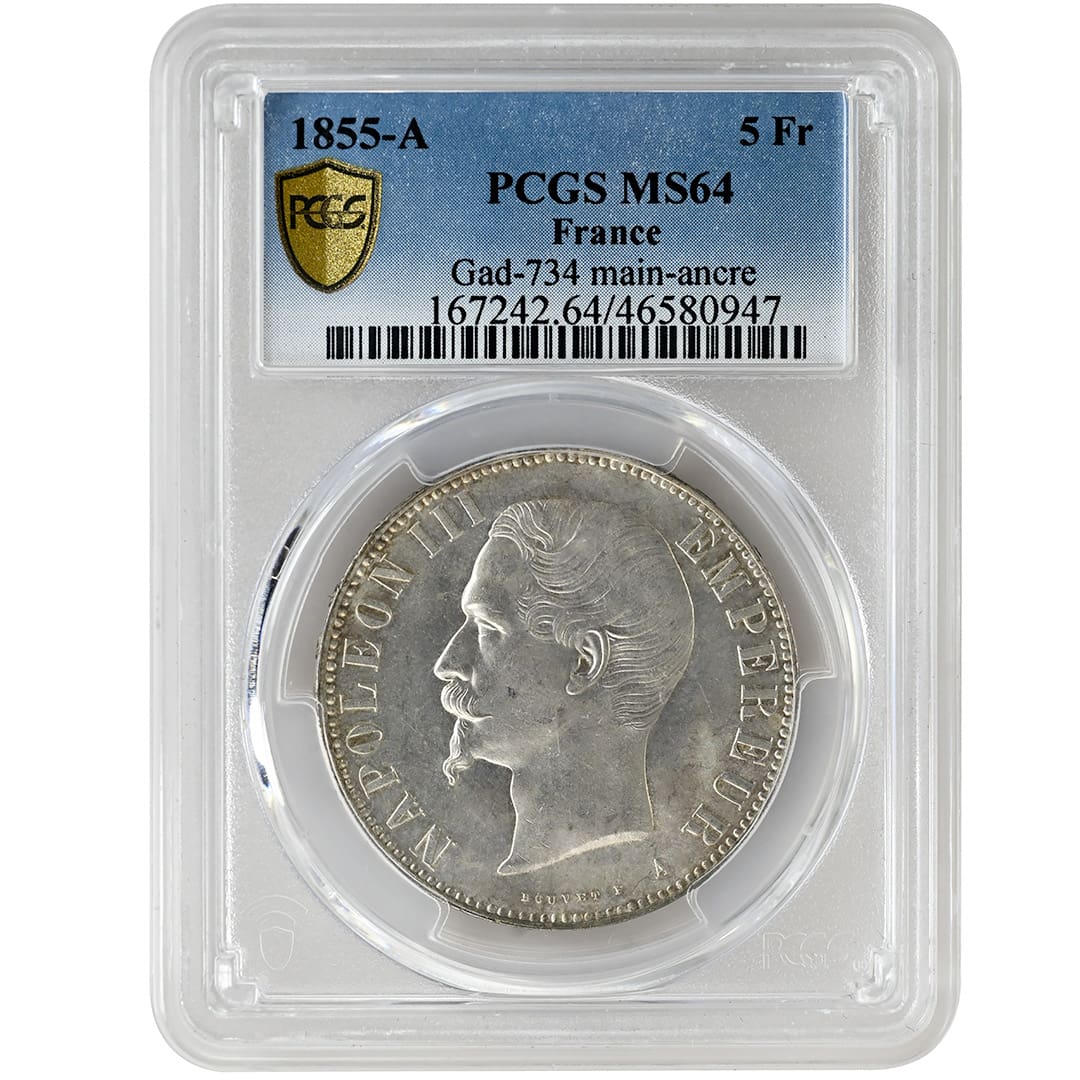 1855-A 5 Fr PCGS MS64, FRANCE Main-ancre Tete nue, foreign coin