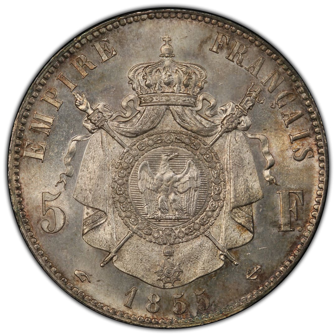 1855-A 5 Fr PCGS MS64, FRANCE Main-ancre Tete nue, foreign coin