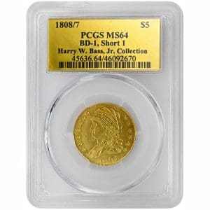 1808/7 $5 Capped Bust Rare Coin, PCGS MS64