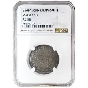 1659 Maryland Shilling Lord Baltimore Pre-1776 States Coinage NGC AU58, Rare Coin