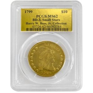 1799 $10 Draped Bust Rare Coin, PCGS MS62, BD-3 Small Stars 