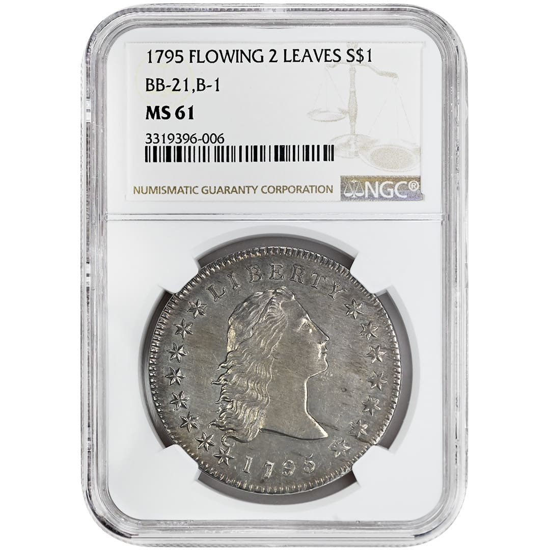1795 $1 Flowing Hair Dollar, NGC MS61, B-1 BB-21 2 Leaves