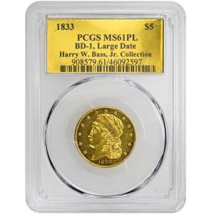 1833 $5 Capped Bust, Large Date PCGS MS61PL