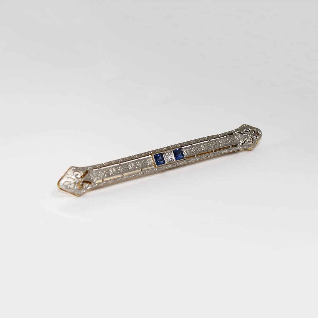14K White Gold & Platinum Antique Brooch w/ Diamond & Blue Spinel - Image 5