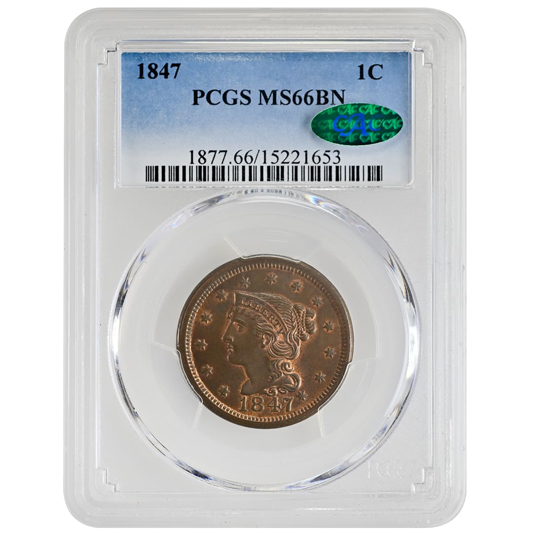 1847 1C Braided Hair Cent Rare Coin, PCGS MS66BN CAC