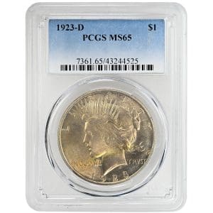 1923-D $1 Peace Dollar Rare Coin, PCGS MS65