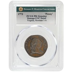 1773 Virginia Penny Newman Rare Coin PCGS Damage-UNC Detail