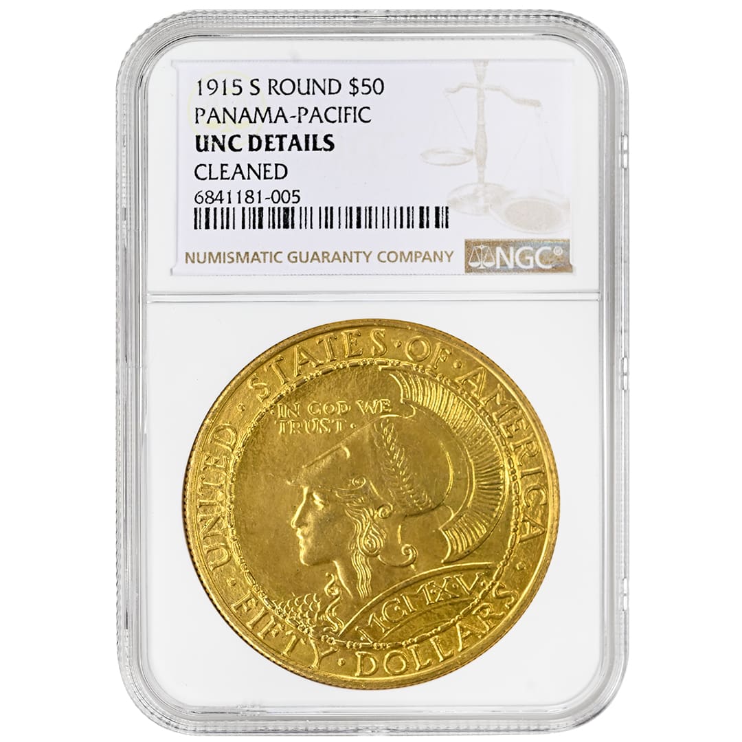 1915-S $50 Pan-Pac Round Gold Commemorative NGC - Tangible