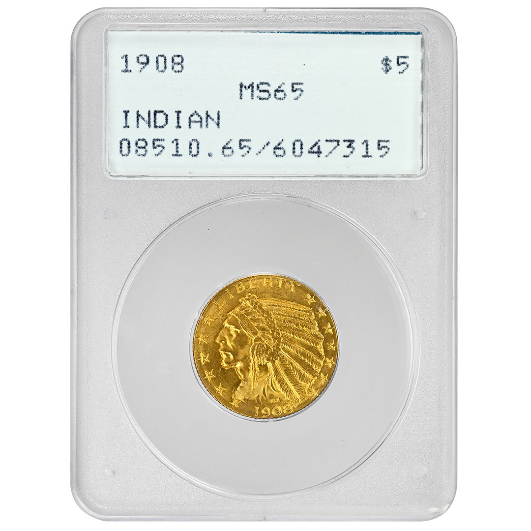 1908 $5 Indian PCGS MS65 RATTLER Holder!