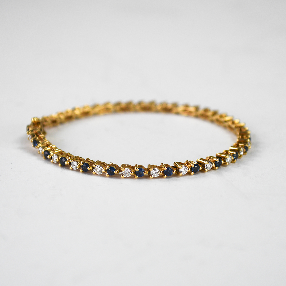 14K Yellow Gold Diamond & Sapphire Tennis Bracelet 9.6g - Image 2