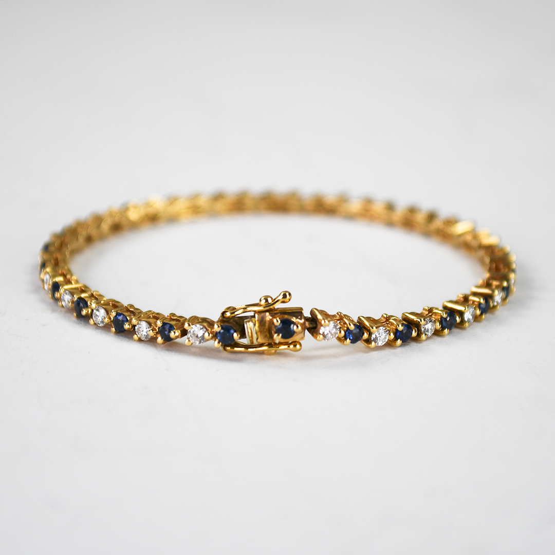 14K Yellow Gold Diamond & Sapphire Tennis Bracelet 9.6g - Image 3