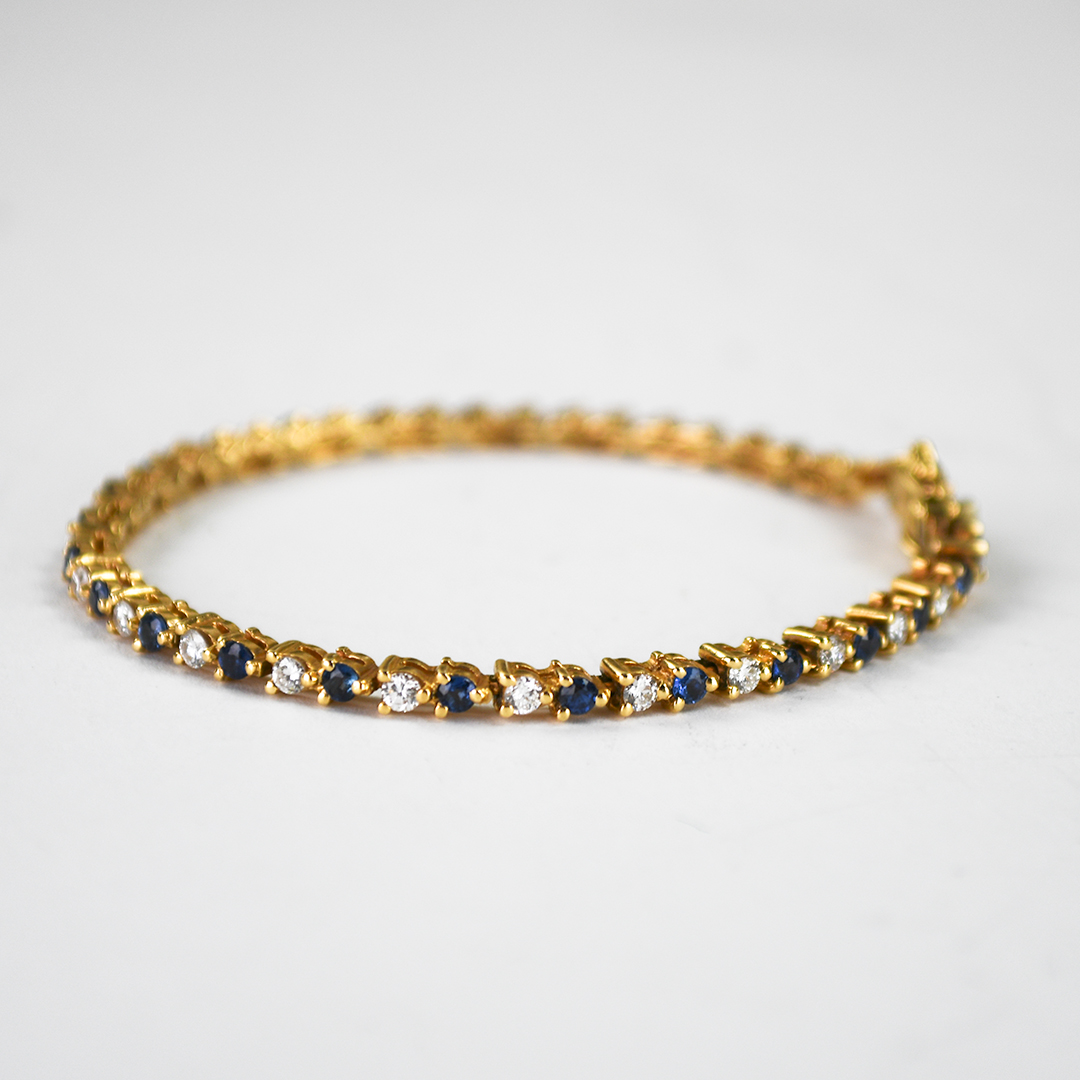14K Yellow Gold Diamond & Sapphire Tennis Bracelet 9.6g - Image 4