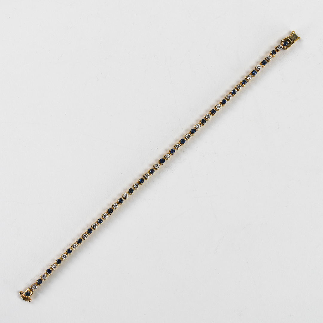 14K Yellow Gold Diamond & Sapphire Tennis Bracelet 9.6g - Image 5