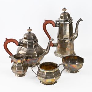 Antique Tiffany Co. Footed Five Piece Sterling Silver Coffee Tea