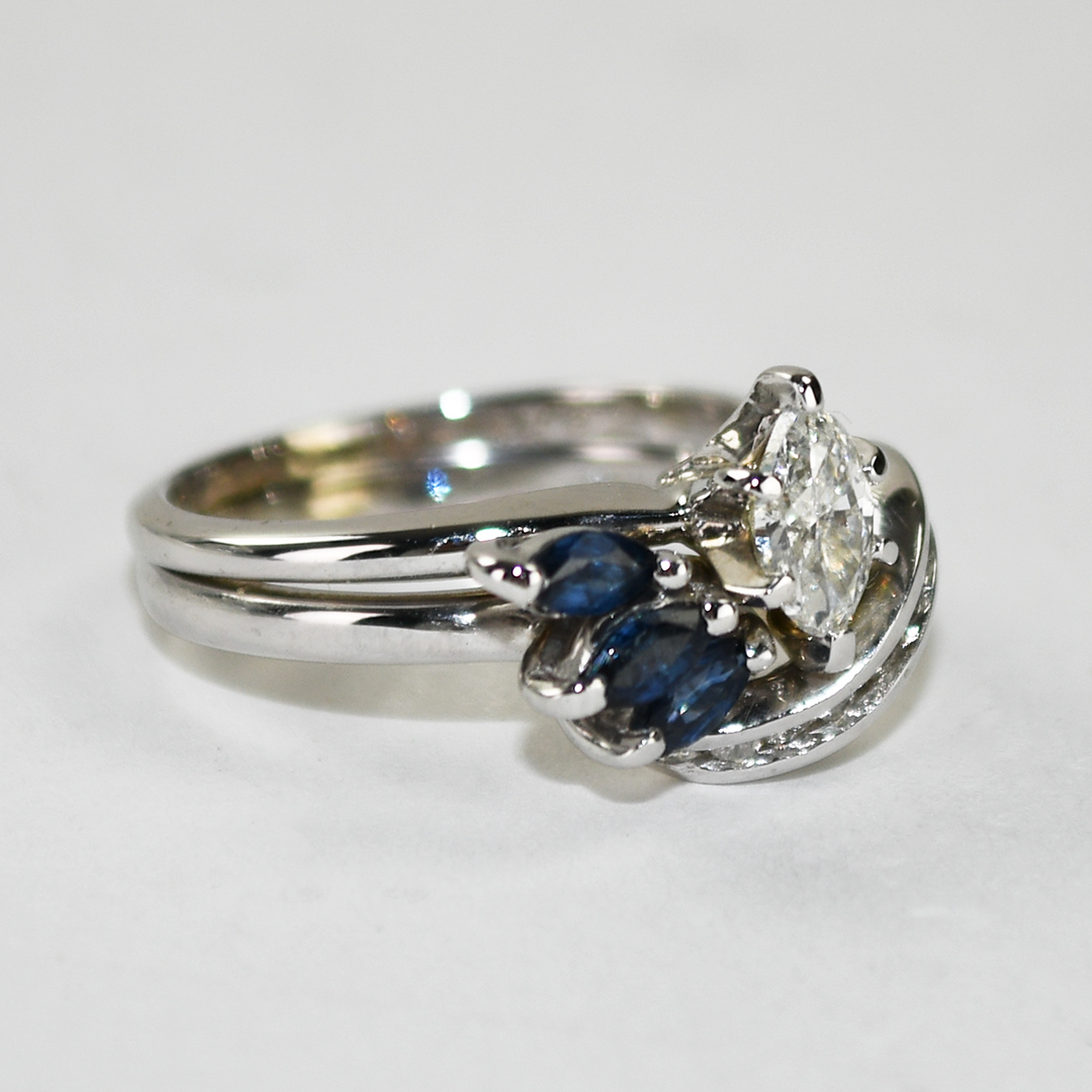 14K White Gold Vintage Sapphire & Diamond Ring 4.1g - Image 2