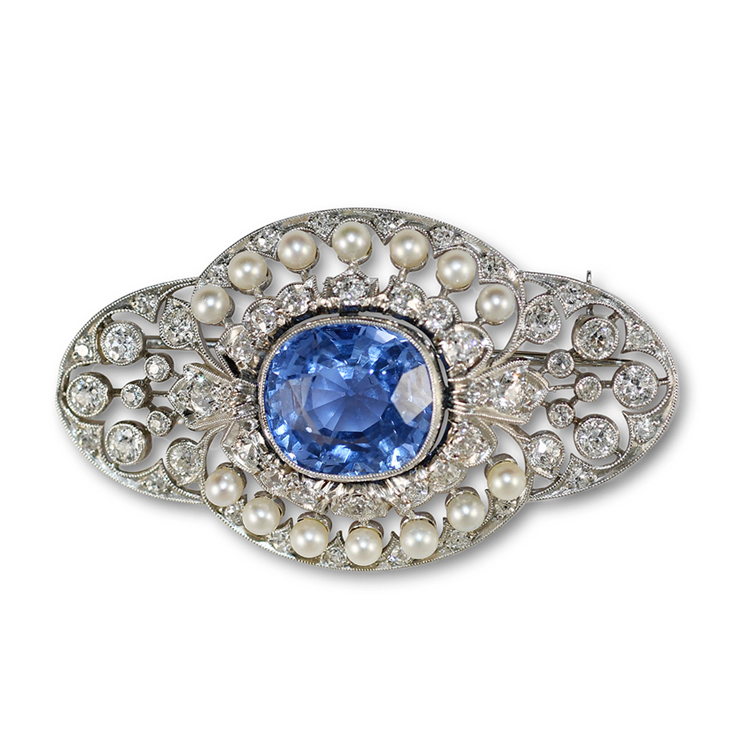 Antique Platinum Sapphire and Diamond Brooch