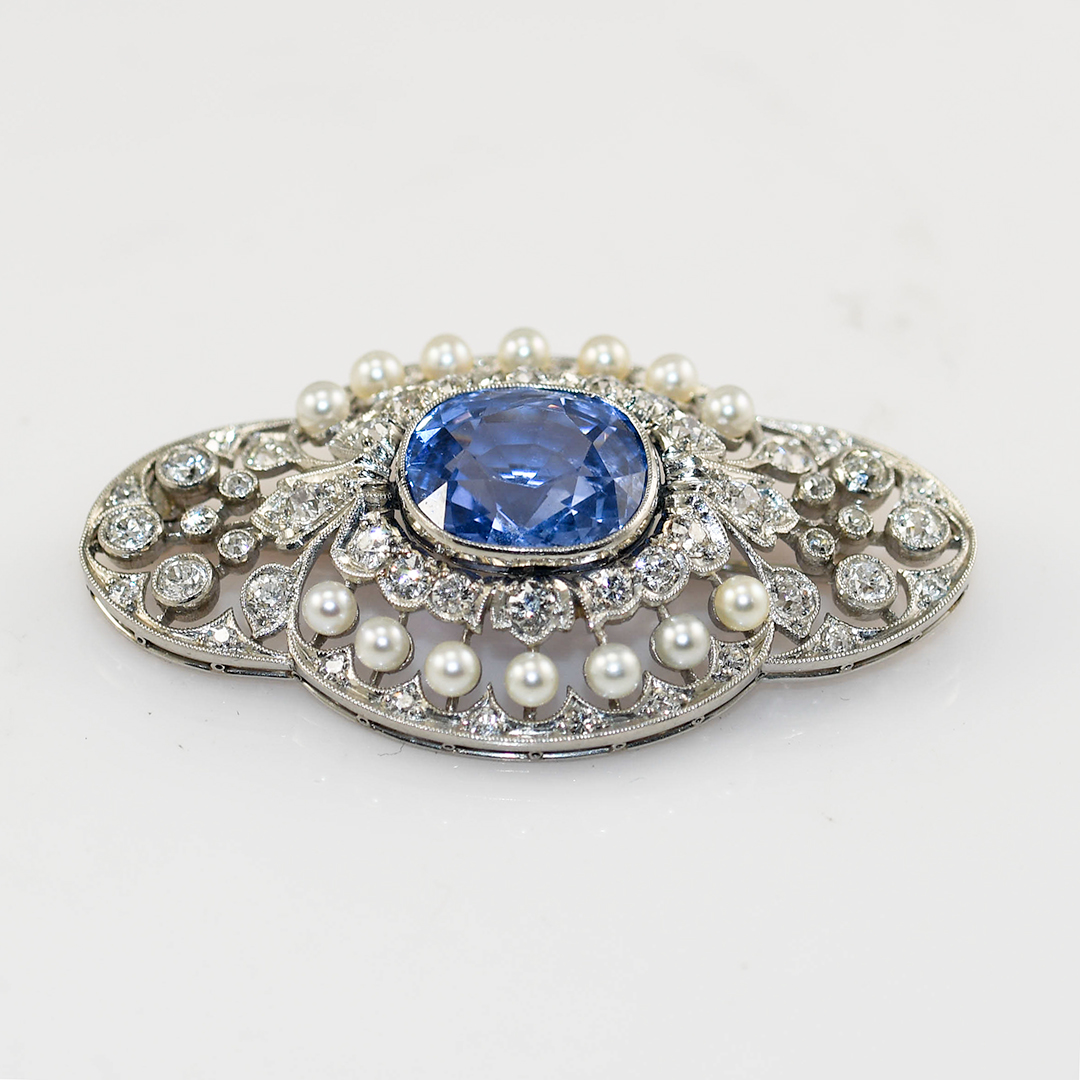 Antique Platinum Sapphire & Diamond Brooch 13.2g - Image 2