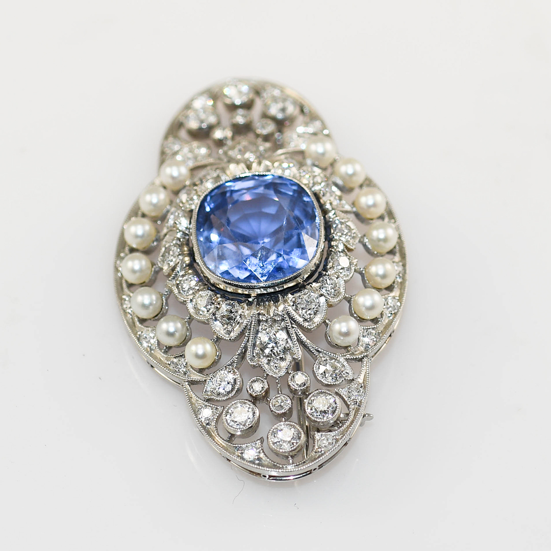Antique Platinum Sapphire & Diamond Brooch 13.2g - Image 3