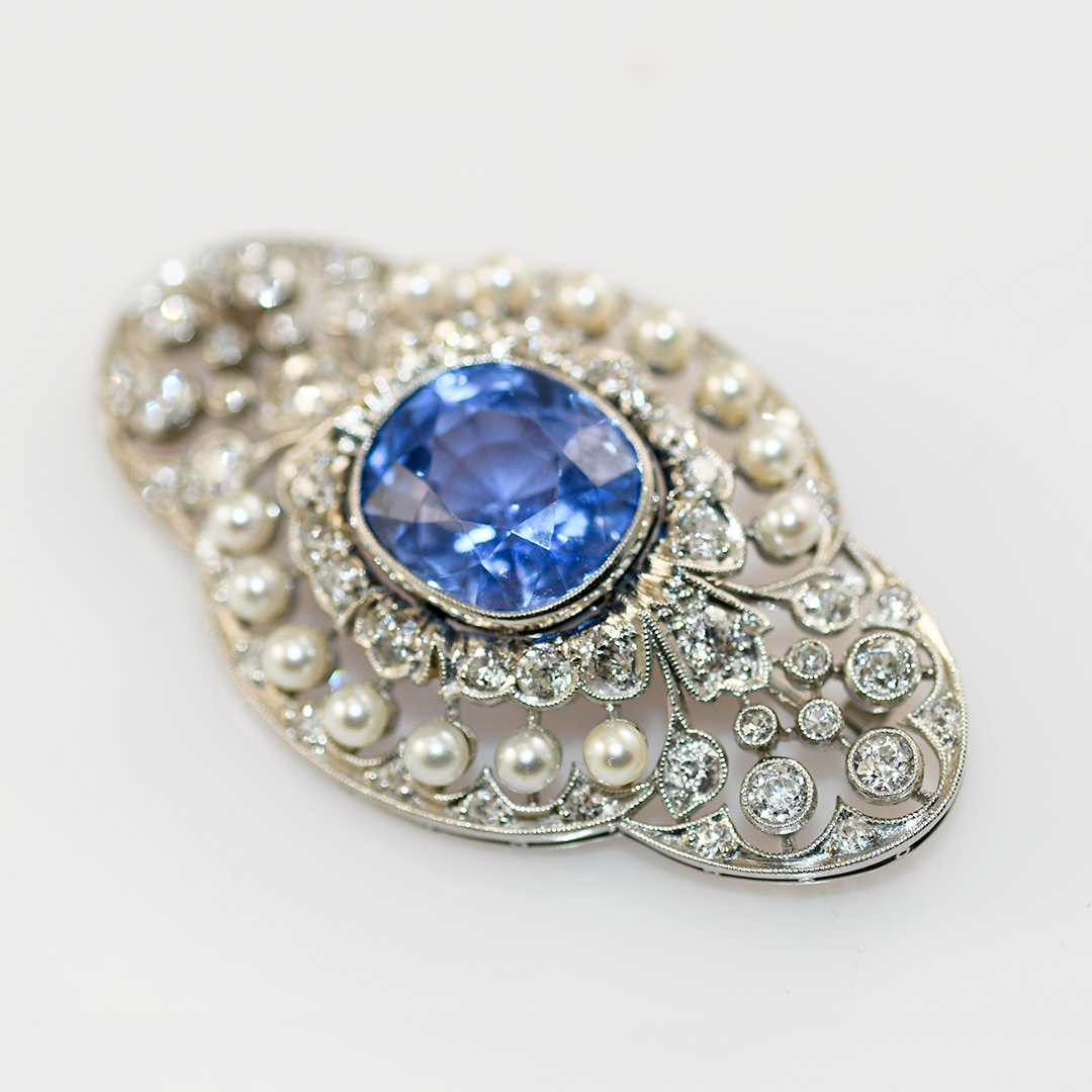 Antique Platinum Sapphire & Diamond Brooch 13.2g - Image 5