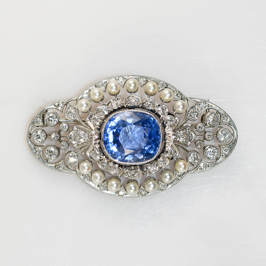 Antique Platinum Sapphire & Diamond Brooch 13.2g - Image 6