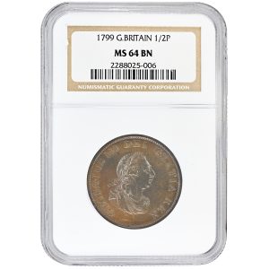 1799 1/2D NGC MS64BN Half Penny, George III