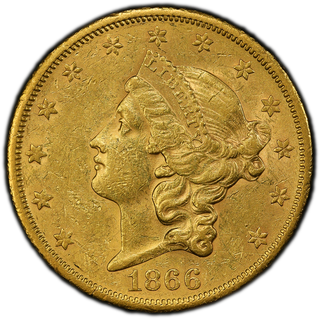 1866-S $20 Liberty Head Rare Coin PCGS AU55