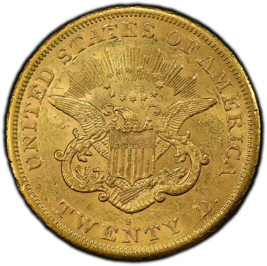 1866-S $20 Liberty Head Rare Coin PCGS AU55