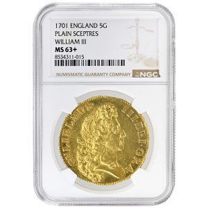 1701 ENGLAND 5 Guineas William III NGC MS63+ 