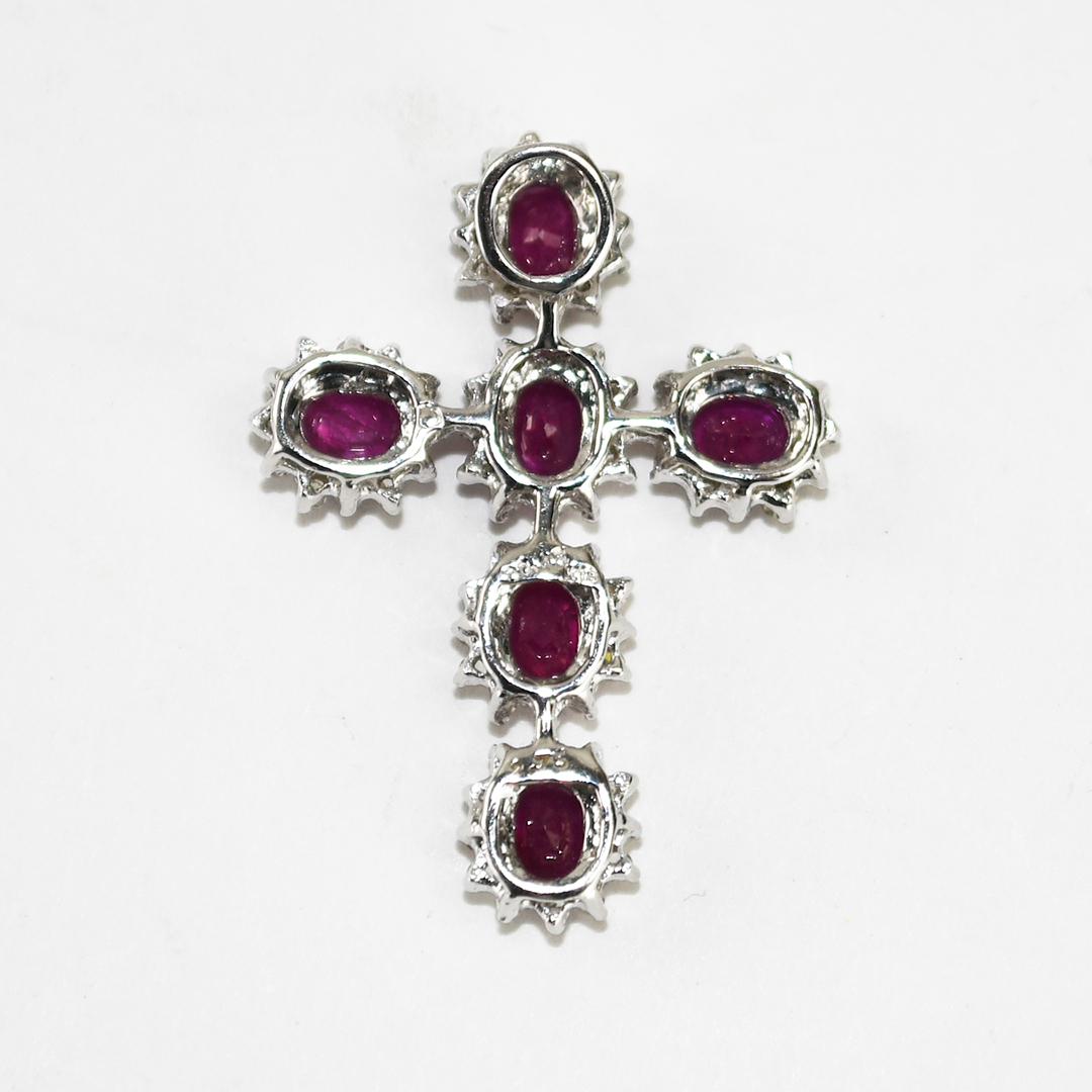18K White Gold Lab-Created Ruby & Diamond Cross Pendant 3.8g - Image 2