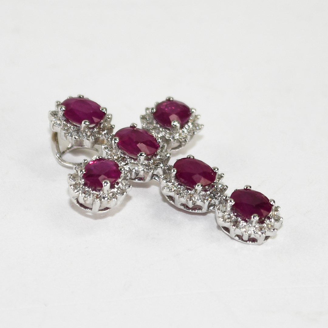 18K White Gold Lab-Created Ruby & Diamond Cross Pendant 3.8g - Image 3