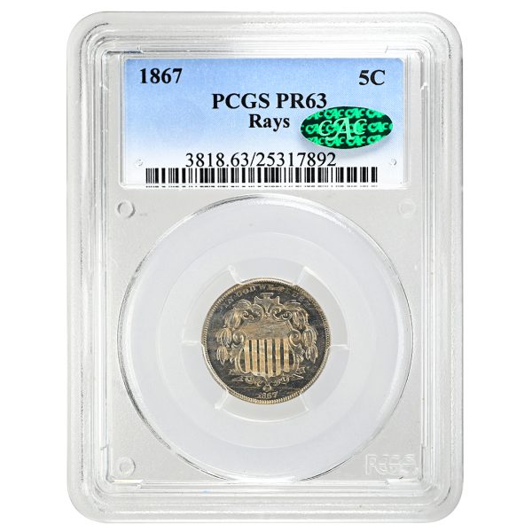 1867 5C Rays Shield Nickel PCGS PR63 CAC