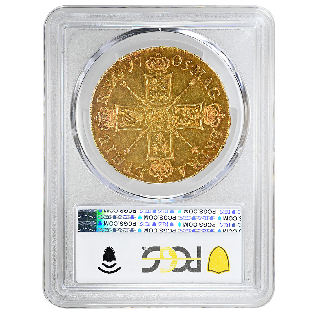 1705 GREAT BRITAIN 5 Guineas, PCGS AU55 QUEEN ANNE