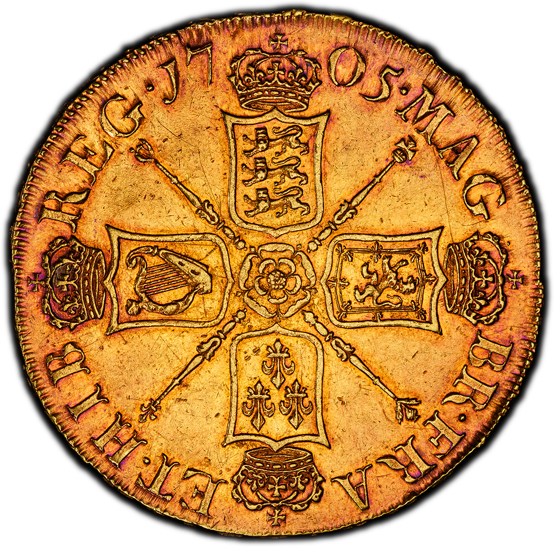 1705 GREAT BRITAIN 5 Guineas, PCGS AU55 QUEEN ANNE